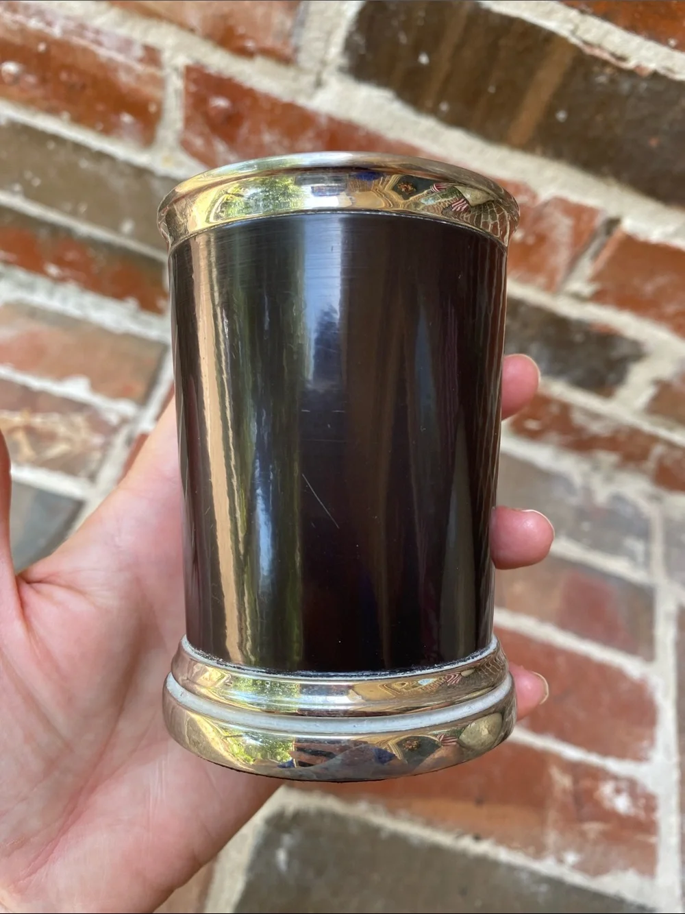 Silver-Trimmed Dark Brown Cylindrical Tumbler